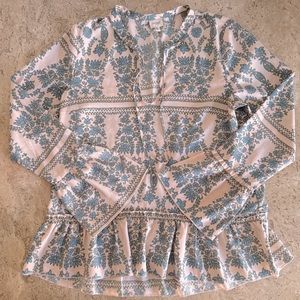 CORSAGE Blue and Cream Peplum Long Sleeve Blouse with Mandarin Collar